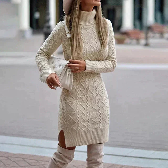 Fitted Short Long-Sleeve Sweater Dress with Turtleneck for Women