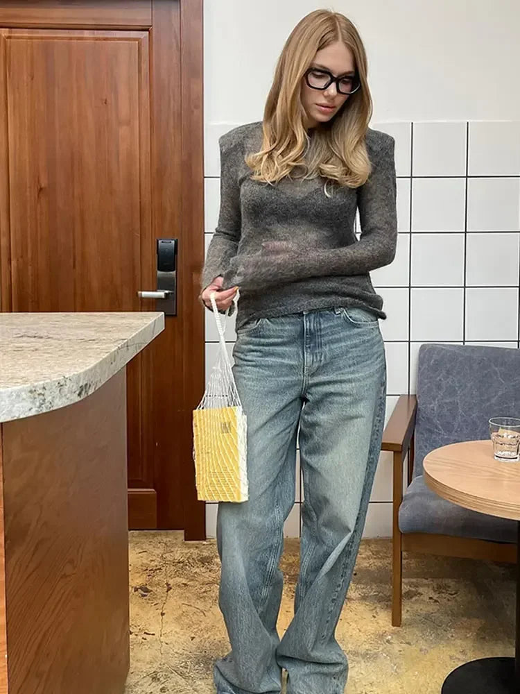 Fitted long-sleeve top with round neck for Women