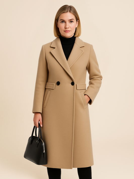 Long Wool Blend Double-Breasted Coat for Women