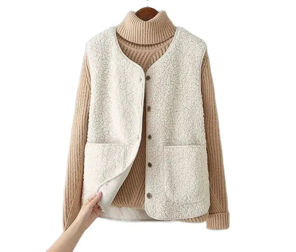 Sherpa Fleece Sleeveless Vest with Sheepskin Effect for Women