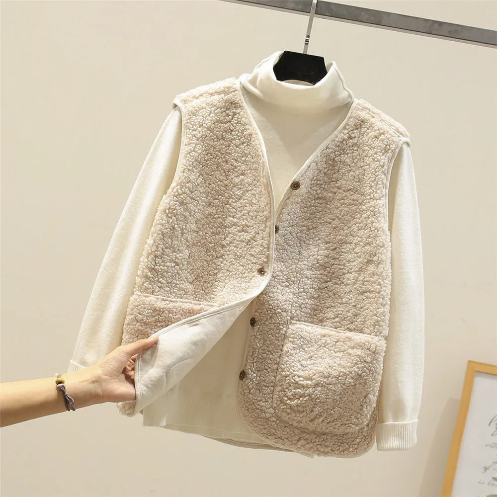 Sherpa Fleece Sleeveless Vest with Sheepskin Effect for Women