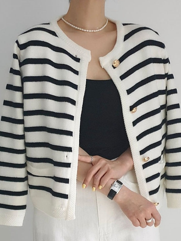 Striped Knitted Cardigan in Tweed Style for Women