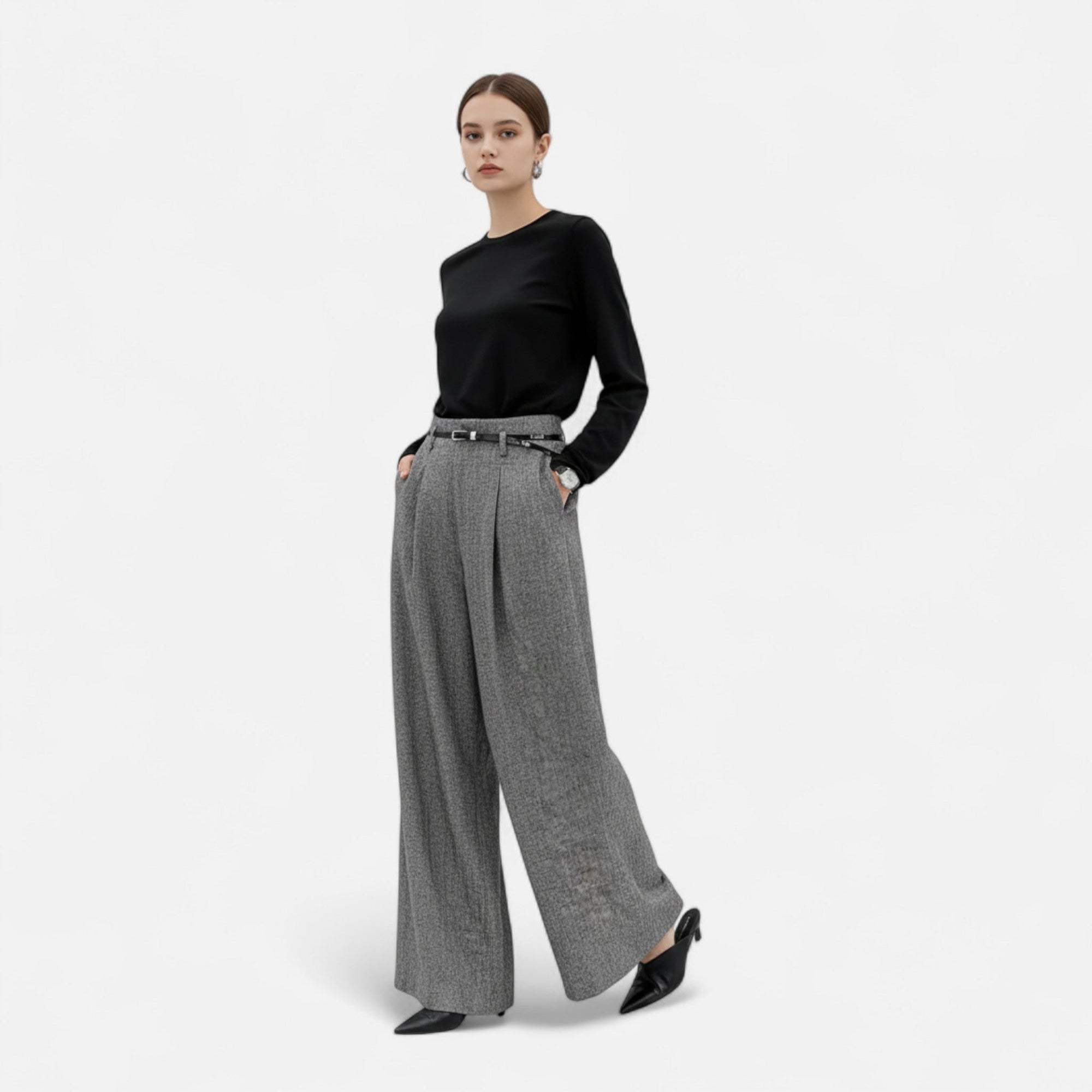 High-waisted wide-leg tweed pants for women