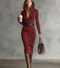 Fitted Midi Dress with Long Sleeves and V-Neck in Ribbed Knit