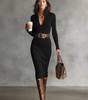 Fitted Midi Dress with Long Sleeves and V-Neck in Ribbed Knit
