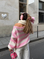 Striped Chunky Knit Long Sleeve Round Neck Sweater for Women