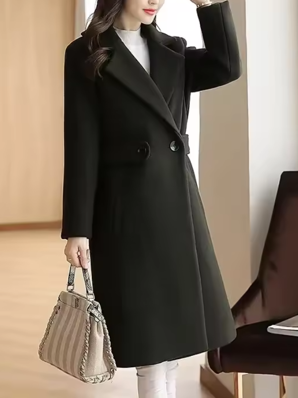 Long Wool Blend Double-Breasted Coat for Women