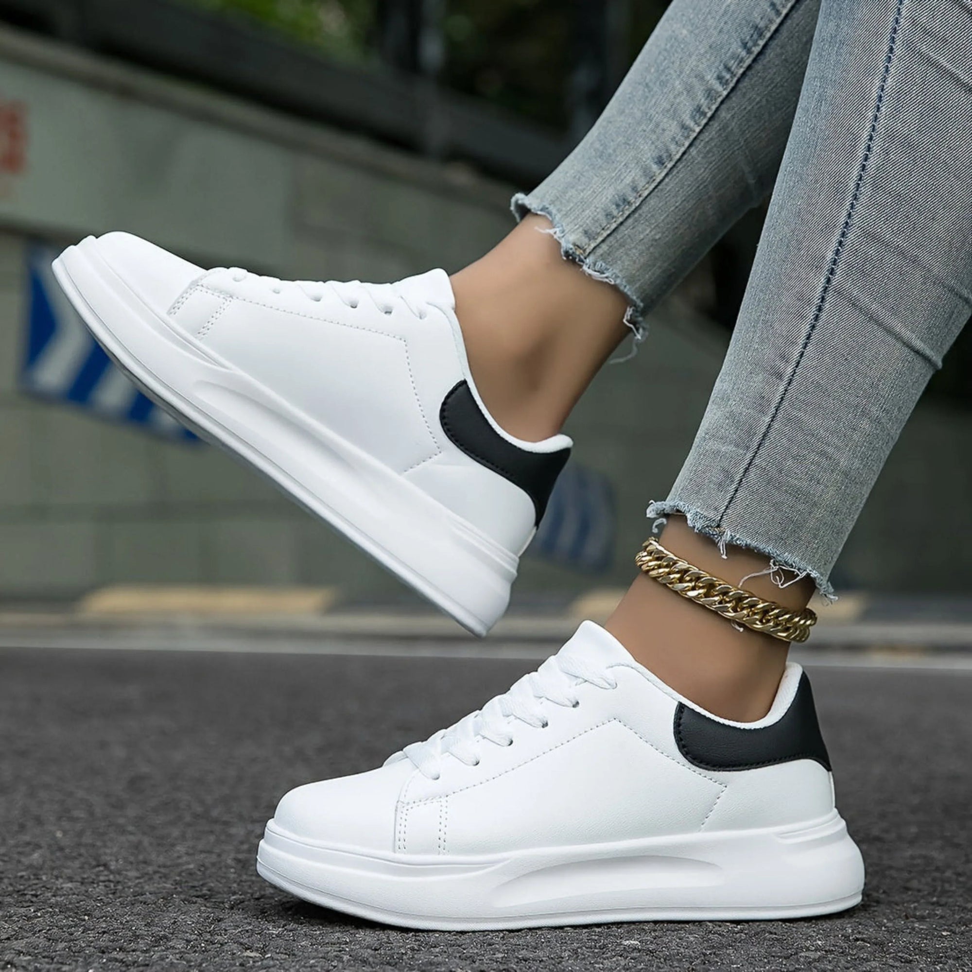 Comfort Sneakers with Thick Sole in Faux Leather for Women
