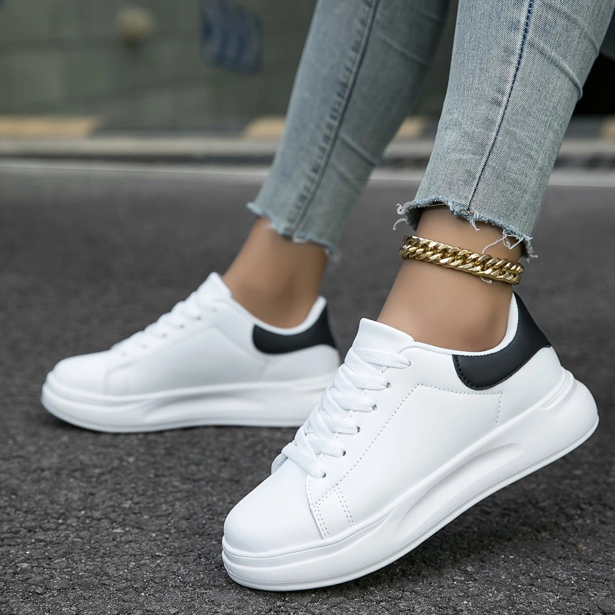 Comfort Sneakers with Thick Sole in Faux Leather for Women