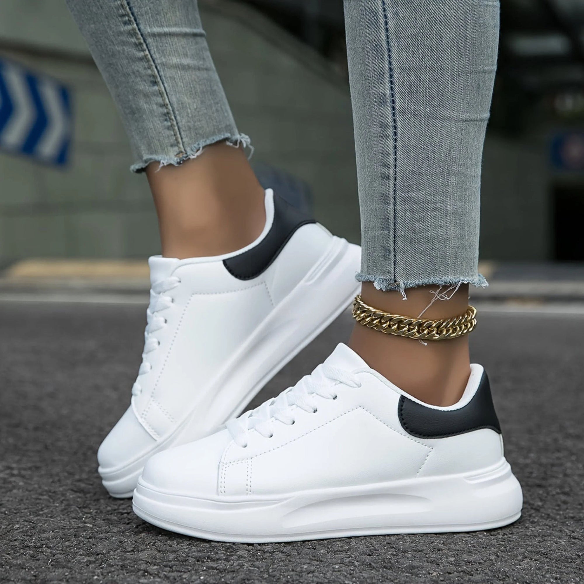 Comfort Sneakers with Thick Sole in Faux Leather for Women