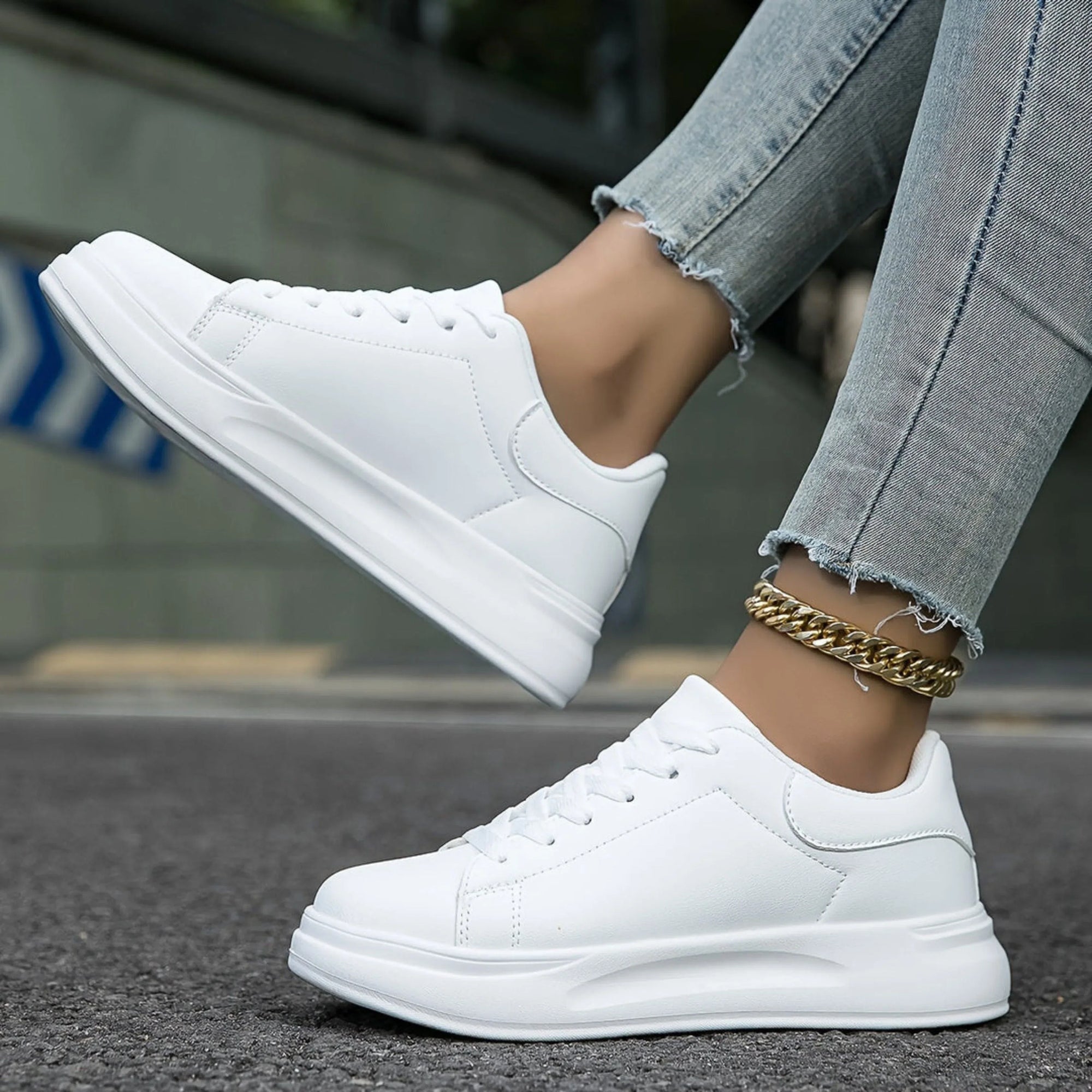 Comfort Sneakers with Thick Sole in Faux Leather for Women