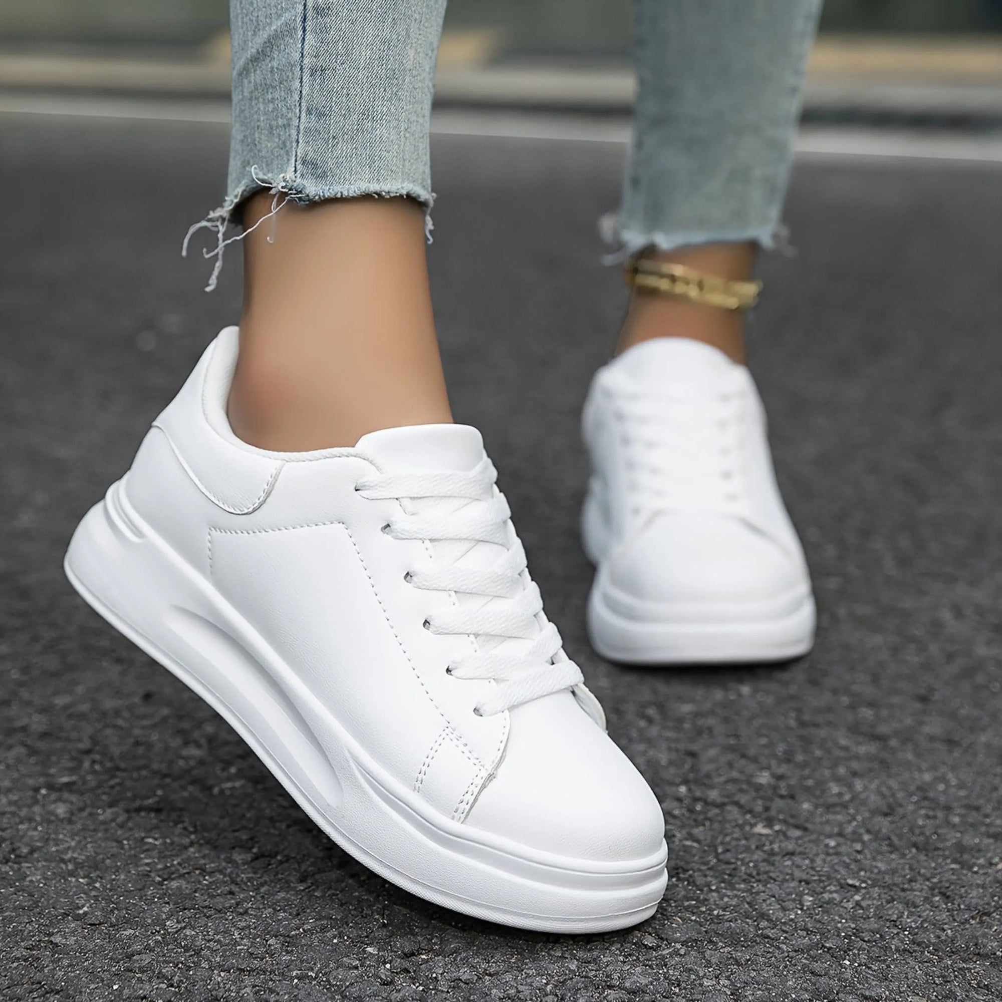 Comfort Sneakers with Thick Sole in Faux Leather for Women