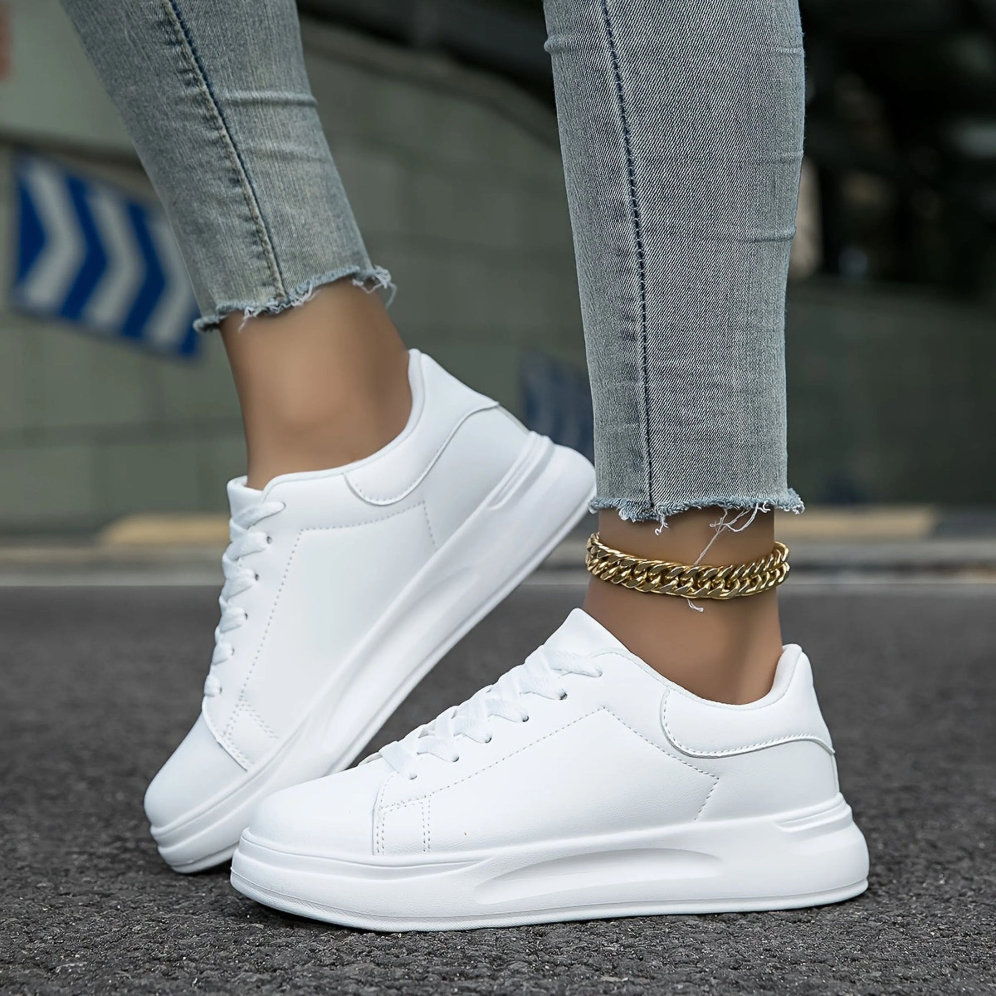 Comfort Sneakers with Thick Sole in Faux Leather for Women