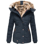 Short Puffer Jacket with Hood and Synthetic Fur for Women