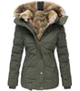 Short Puffer Jacket with Hood and Synthetic Fur for Women