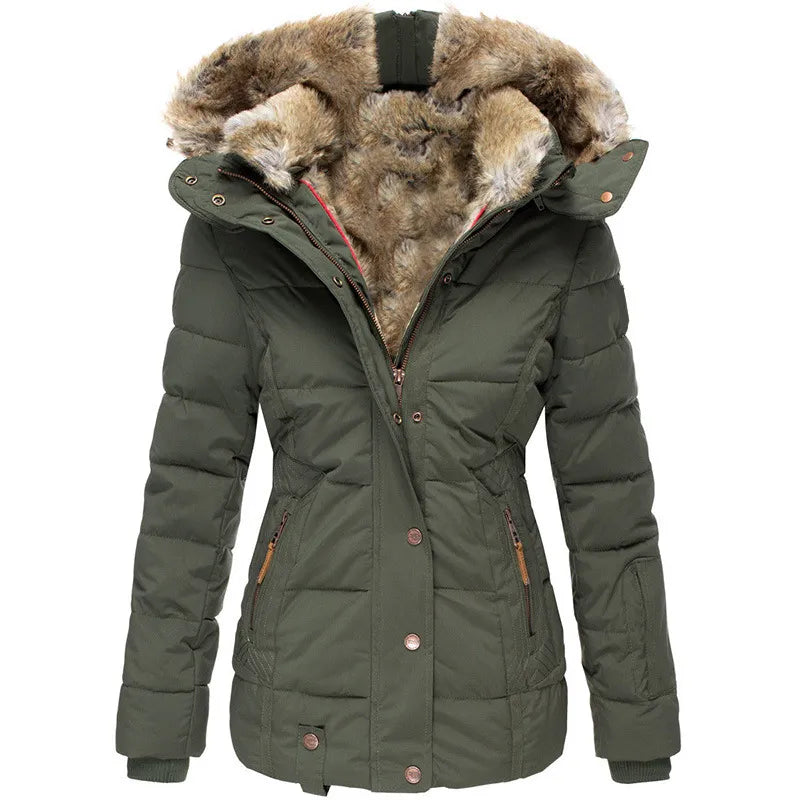 Short Puffer Jacket with Hood and Synthetic Fur for Women