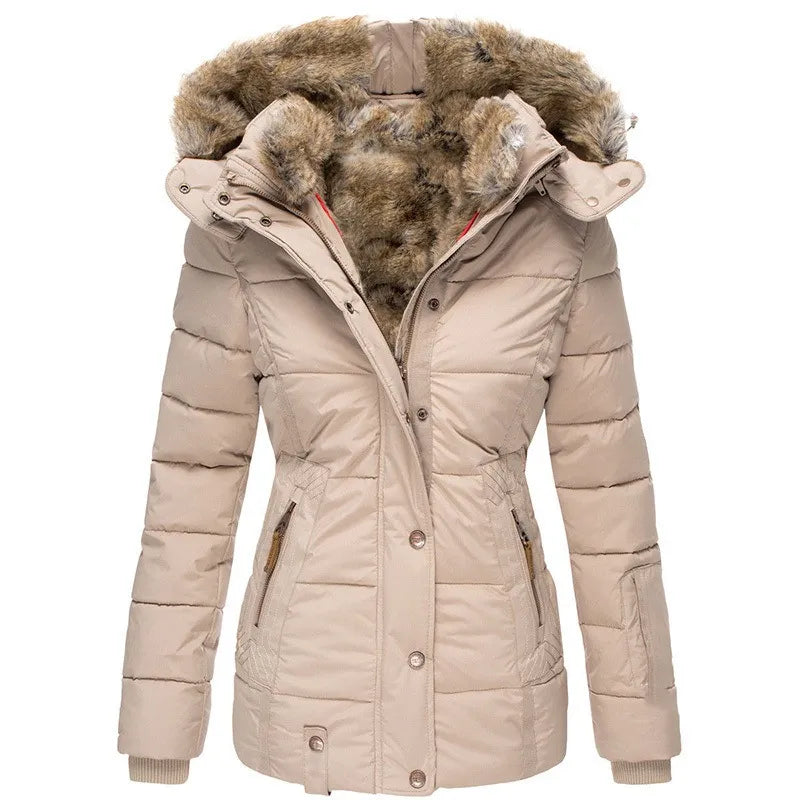 Short Puffer Jacket with Hood and Synthetic Fur for Women