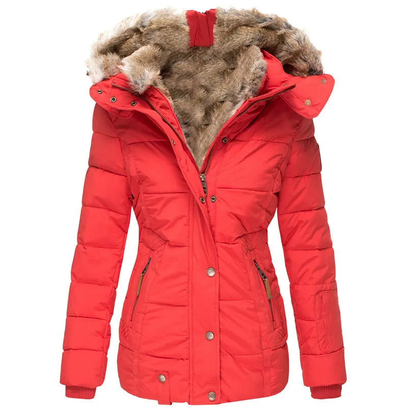 Short Puffer Jacket with Hood and Synthetic Fur for Women