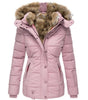 Short Puffer Jacket with Hood and Synthetic Fur for Women