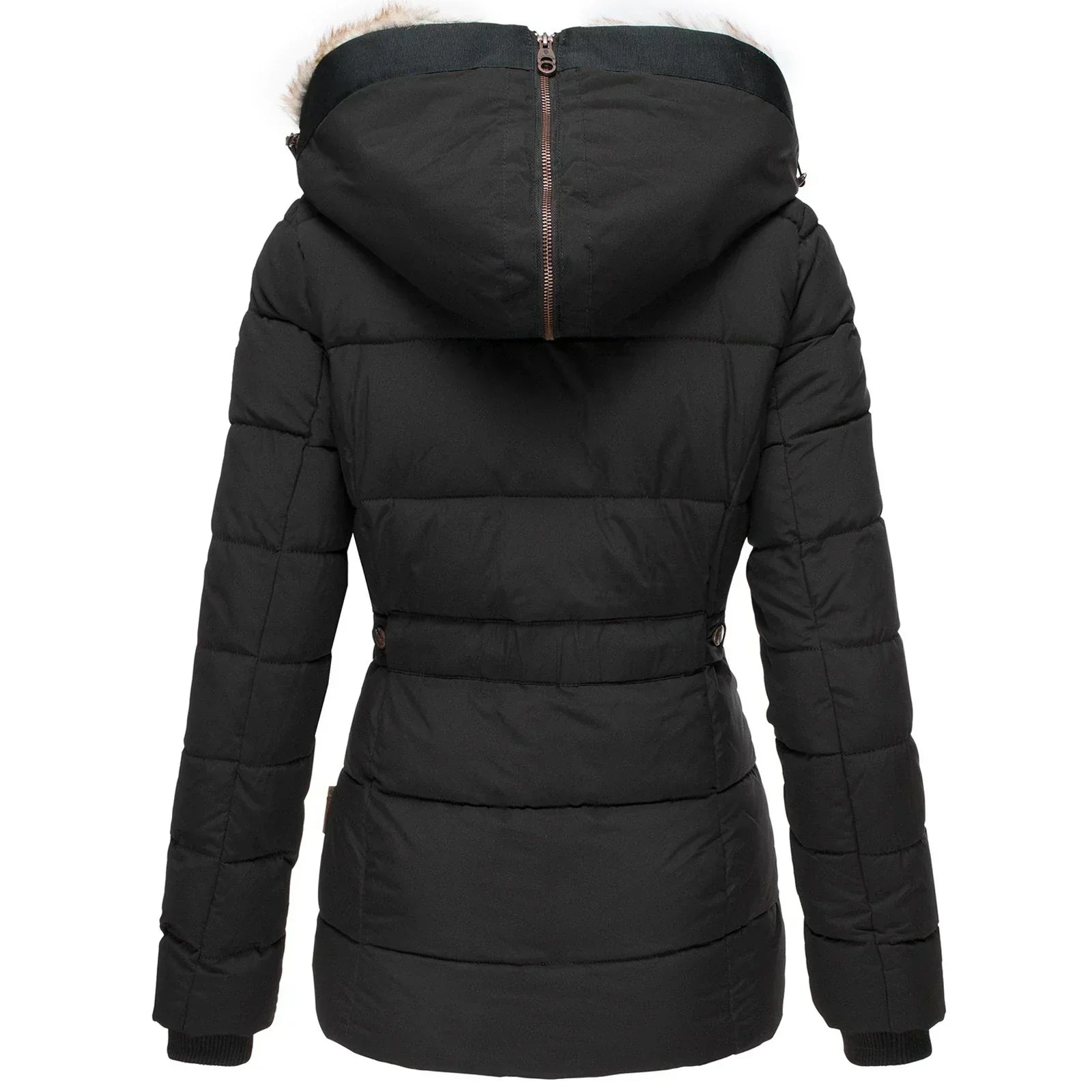 Short Puffer Jacket with Hood and Synthetic Fur for Women