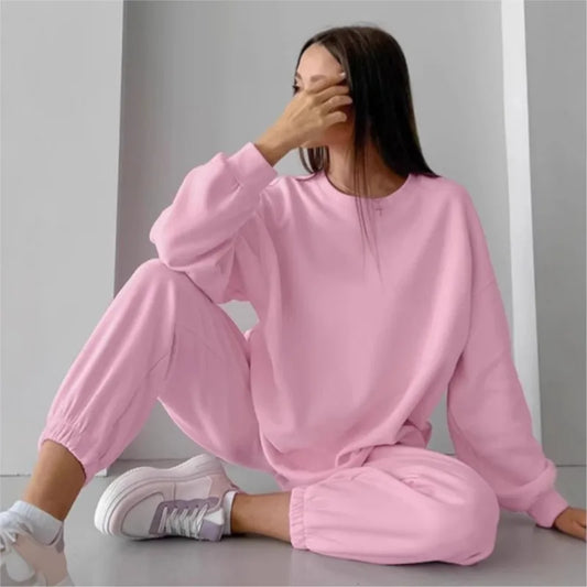 Two-piece pink velvet set with round neck sweatshirt for Women