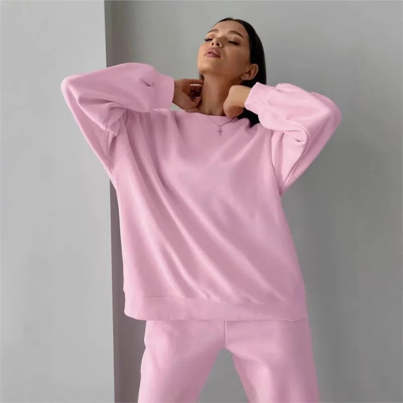 Two-piece pink velvet set with round neck sweatshirt for Women
