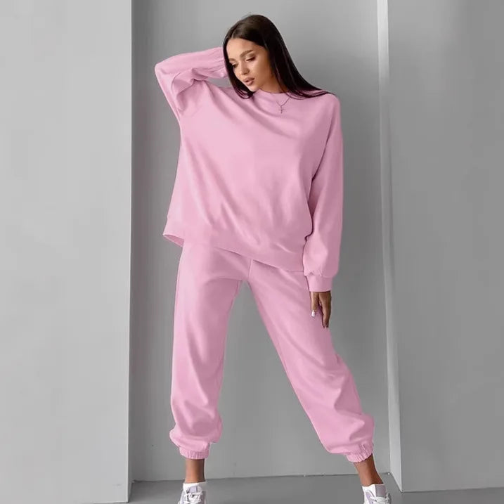 Two-piece pink velvet set with round neck sweatshirt for Women