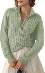 Chunky Knit Twisted Sweater with High Neck and Half Zip for Women