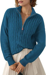 Chunky Knit Twisted Sweater with High Neck and Half Zip for Women