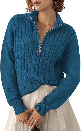 Chunky Knit Twisted Sweater with High Neck and Half Zip for Women