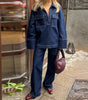 Wide and Long Denim Pants with Exposed Seams for Women