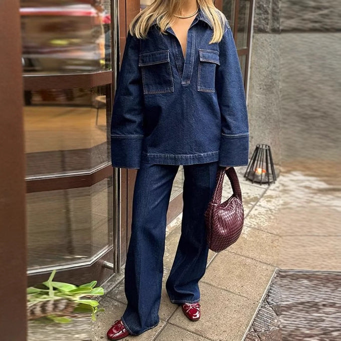 Wide and Long Denim Pants with Exposed Seams for Women