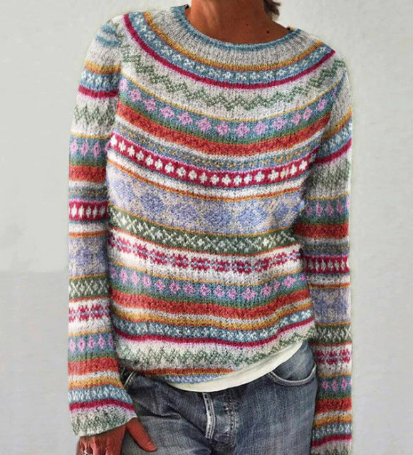 Oversized Jacquard Sweater with Round Neck and Long Sleeves for Women
