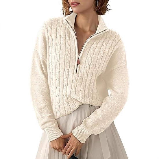 Chunky Knit Twisted Sweater with High Neck and Half Zip for Women