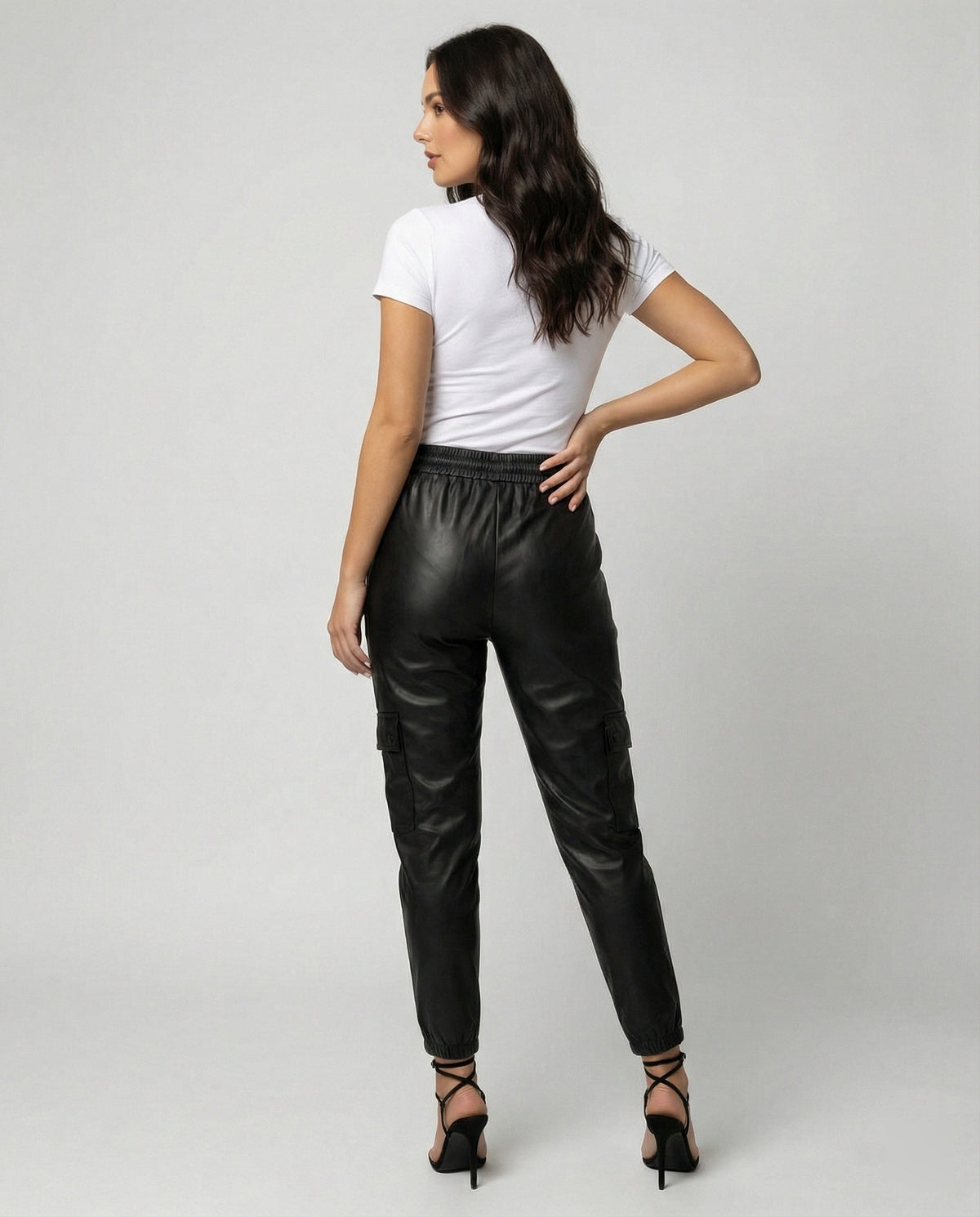 Elastic Waist Faux Leather Cargo Pants for Women