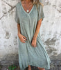 Long cotton and linen dress with V-neck for women