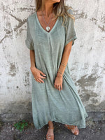 Long cotton and linen dress with V-neck for women