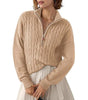 Chunky Knit Twisted Sweater with High Neck and Half Zip for Women