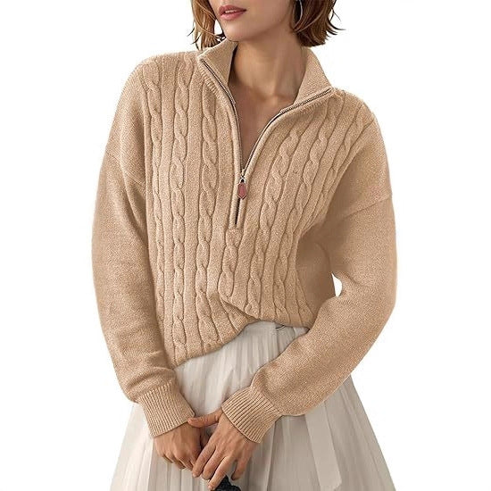 Chunky Knit Twisted Sweater with High Neck and Half Zip for Women