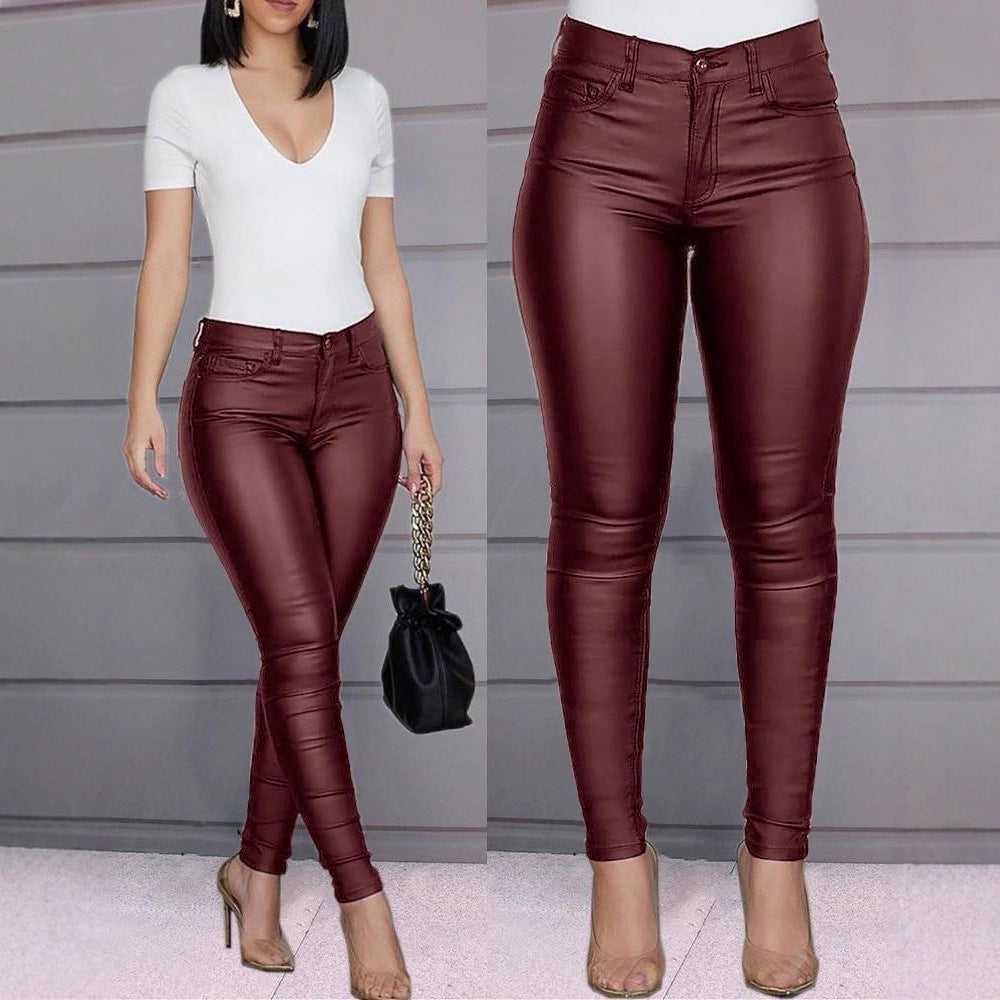 High-Waisted Slim Fit Faux Leather Pants for Women