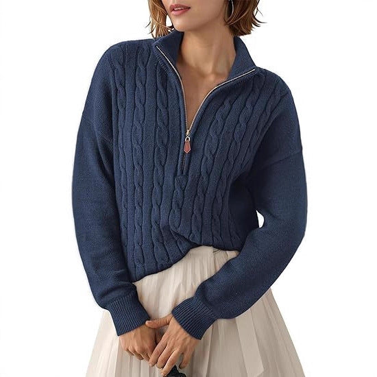Chunky Knit Twisted Sweater with High Neck and Half Zip for Women