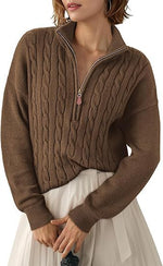 Chunky Knit Twisted Sweater with High Neck and Half Zip for Women