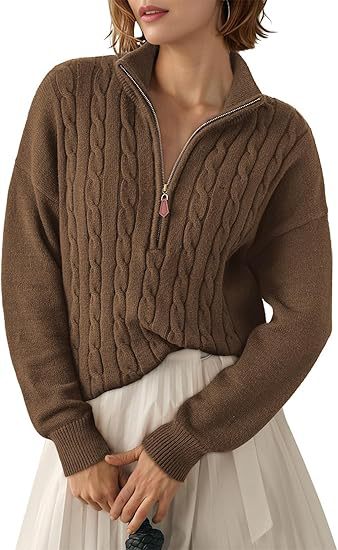 Chunky Knit Twisted Sweater with High Neck and Half Zip for Women
