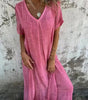 Long cotton and linen dress with V-neck for women