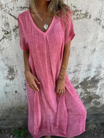 Long cotton and linen dress with V-neck for women