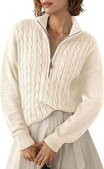 Chunky Knit Twisted Sweater with High Neck and Half Zip for Women