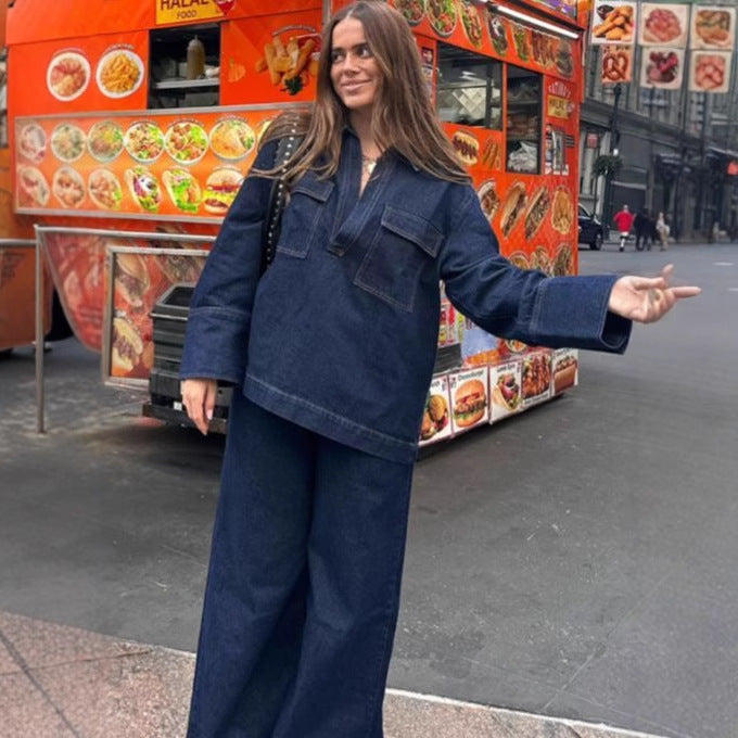 Wide and Long Denim Pants with Exposed Seams for Women