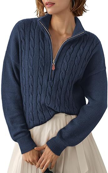 Chunky Knit Twisted Sweater with High Neck and Half Zip for Women