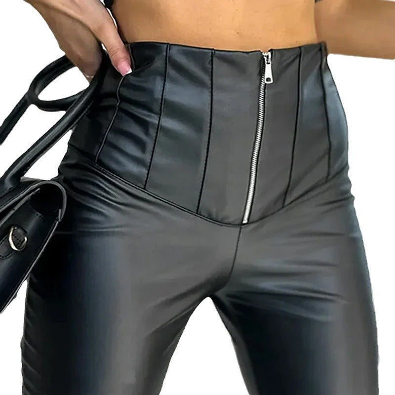 High-Waisted Slim Fit Faux Leather Pants with Zipper for Women