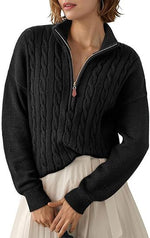 Chunky Knit Twisted Sweater with High Neck and Half Zip for Women